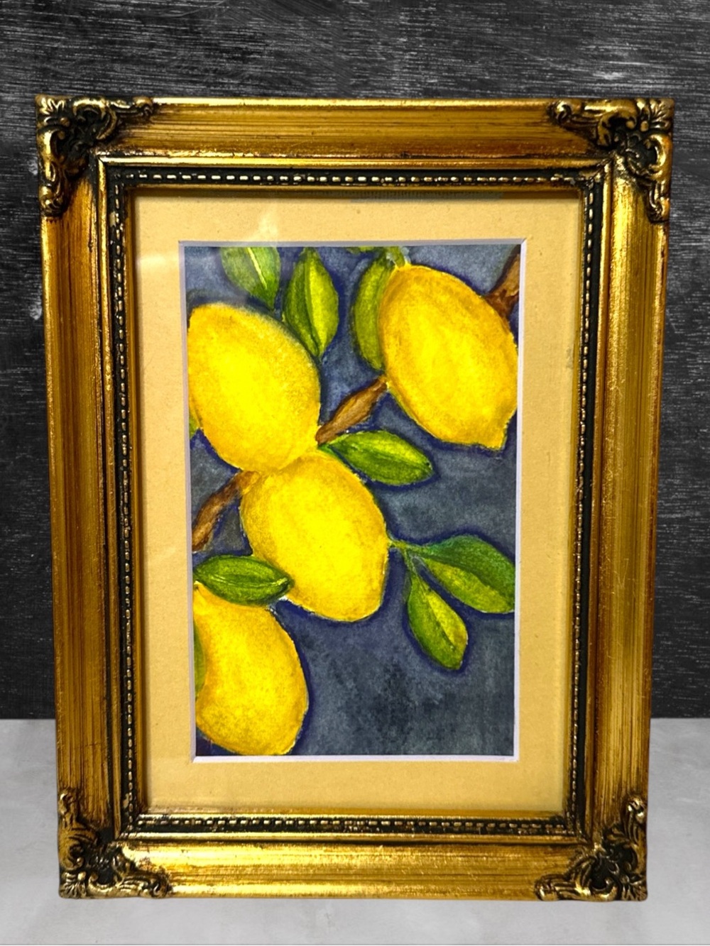 FRAMED Original watercolor Painting Lemon's GOLD GILT ORNATE FRAME 8x6 P16